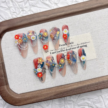Qfdian 10Pcs High Quality Handmade Press on Nails Gentle Temperament Artistic Sense Explosion Celebrity-Style Nail Art Literary Style: